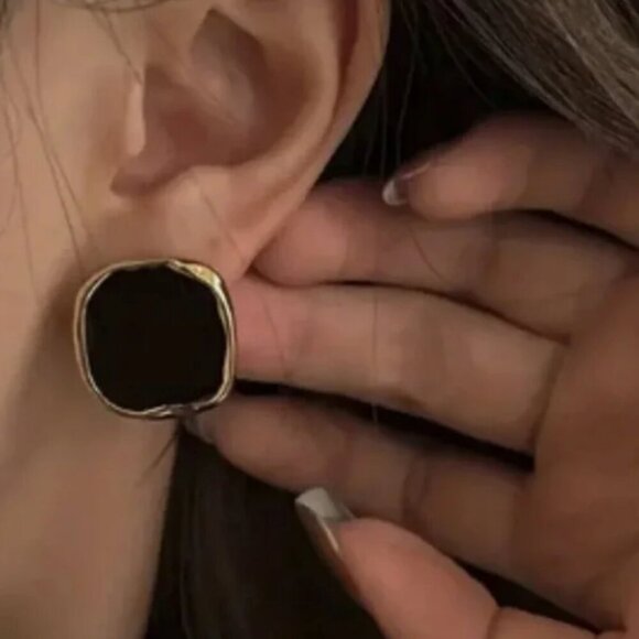 Women's Black Versatile Geometric Square Earrings with Gold Outline - Picture 8 of 8